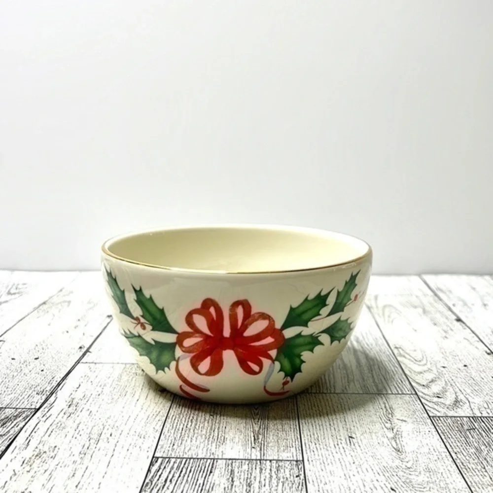 Lenox American By Design Holiday Bowl Green Holly & Red Ribbon Gold Trim